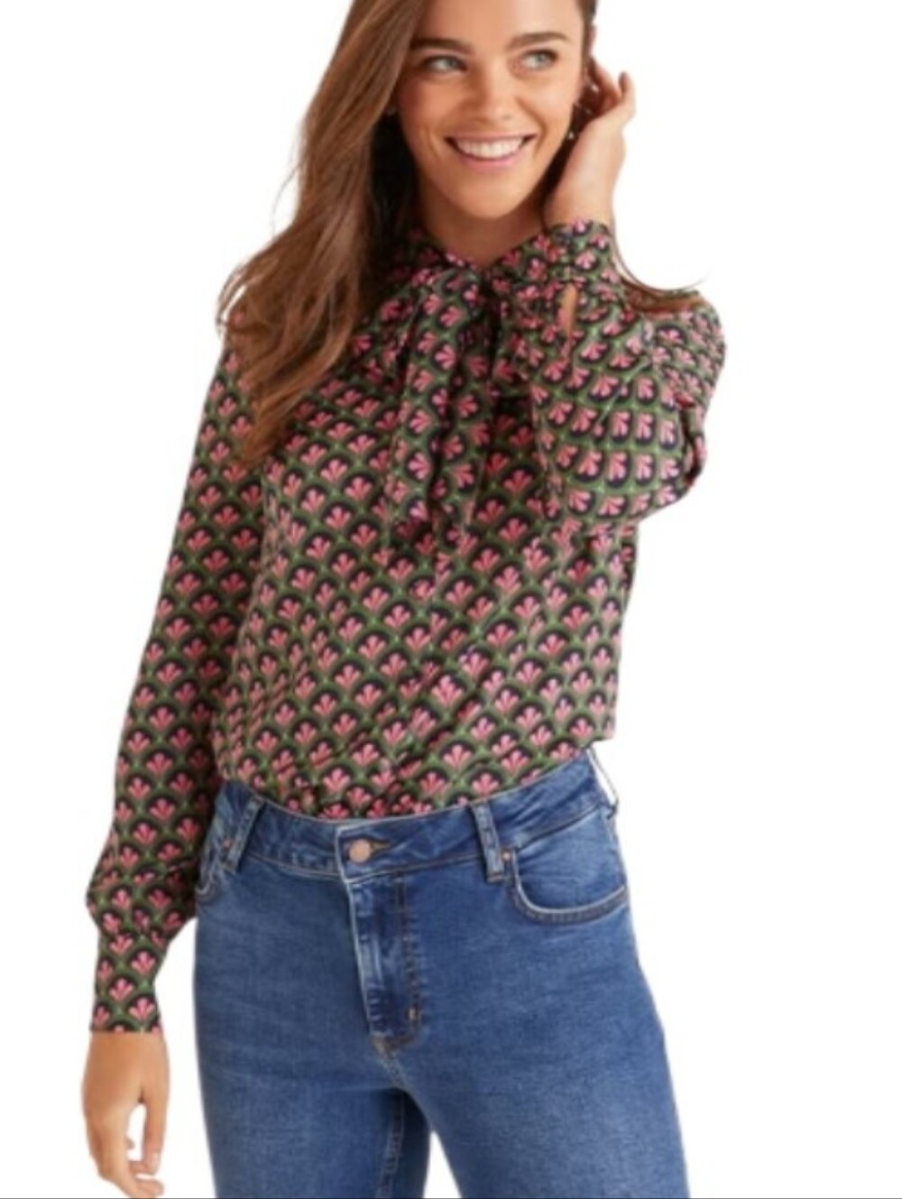 Boden Thelma Blouse In Retro Scallop Pink Floral Tie-Neck Blouse